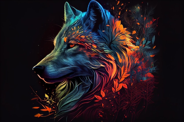 Cyfrowy obraz wilka z kolorowymi liśćmi, sztuka cyfrowa