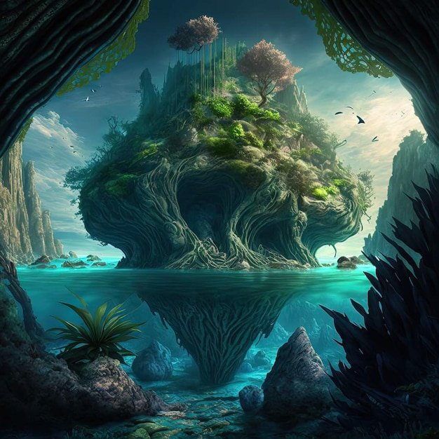 Cyfrowy obraz wyspy z drzewem