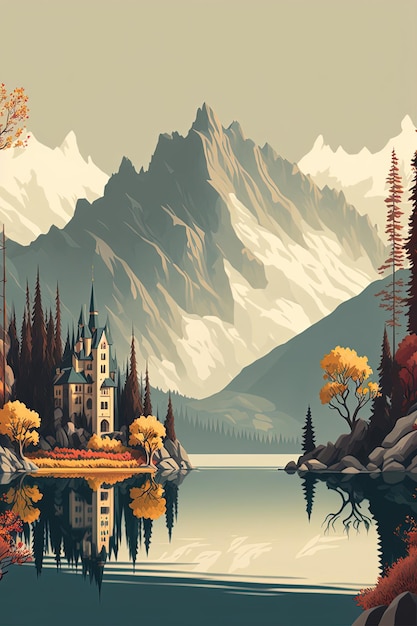 Cyfrowy obraz zamku nad jeziorem