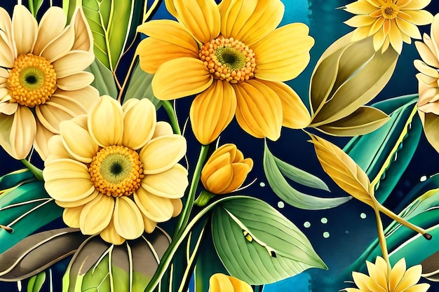 Cyfrowy obraz żółtych kwiatów z napisem „wiosna” na dole.