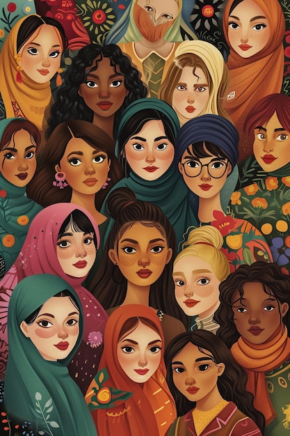 Cyfrowy obraz zróżnicowanej grupy kobiet z różnych kultur i zawodów
