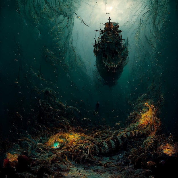 Cyfrowy ogromny potwór morski z ostrymi zębami zajmujący lśniące skarby w skorumpowanej skrzyni wokół pękniętego zatopionego statku na cyfrowej ilustracji głębokiego oceanu