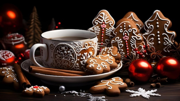 Zdjęcie cyfrowy projekt artystyczny świątecznej kawy, ciasteczek z piernika i ilustracji cukierków