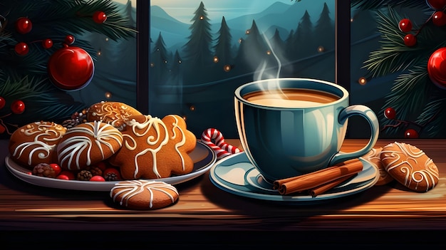 Cyfrowy projekt artystyczny świątecznej kawy, ciasteczek z piernika i ilustracji cukierków