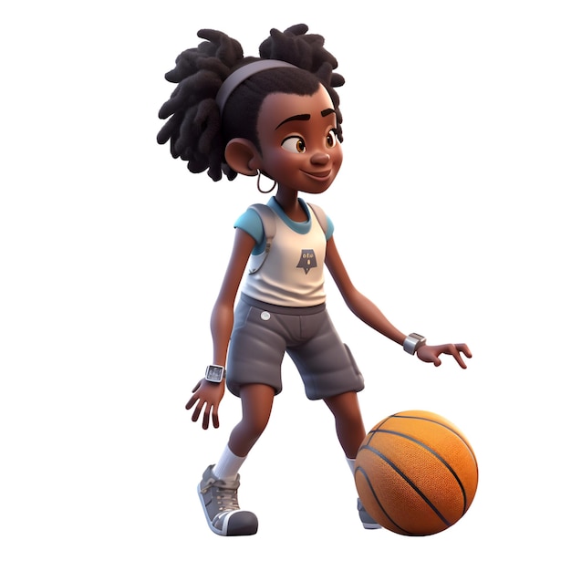 Cyfrowy render 3D przedstawiający Afroamerykankę grającą w koszykówkę odizolowaną na białym tle