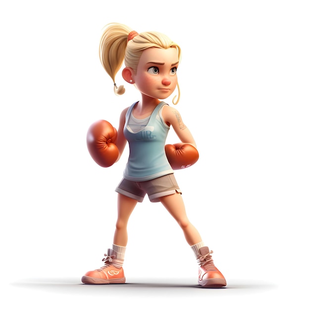 Cyfrowy render 3D przedstawiający śliczną małą dziewczynkę w rękawiczkach bokserskich izolowanych na białym tle