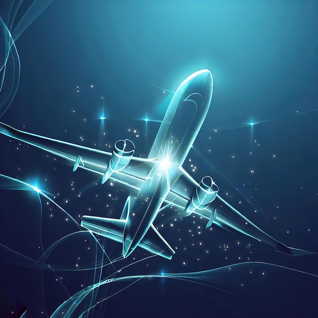Cyfrowy samolot 3D Abstrakcyjny wektorowy wireframe samolotu pasażerskiego na niebieskim tle