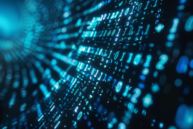 Cyfrowy strumień danych niebieskich liczb i kodu płynący w ciemnej przestrzeni abstrakcyjne tło dla technologii lub cyfrowej koncepcji informacji z liczbą binarną na czarnym ekranie