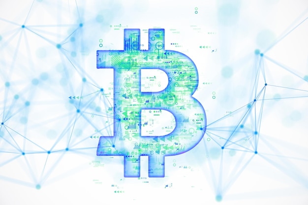 Cyfrowy symbol Bitcoina na świetlnym tle 3D