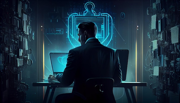 Cyfrowy system bezpieczeństwa ochrona danych technologia cyfrowa Biznesmen pracujący na laptopie Generuj Ai