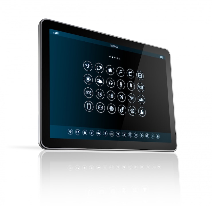 Zdjęcie cyfrowy tablet pc z interfejsem ikon aplikacji