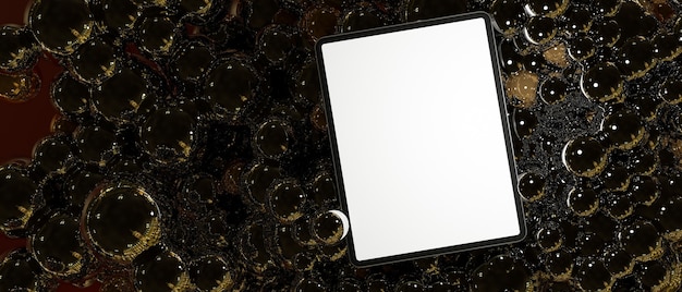 Cyfrowy tablet pusty ekran makieta nad bąbelkami abstrakcyjne ciemne tło renderowania 3d