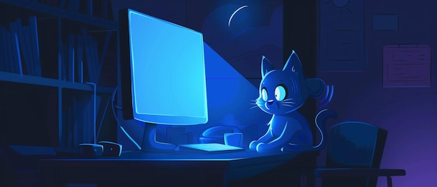 Cyfrowy towarzysz kotów Programista Blue Cat oświetla ciemną przestrzeń roboczą urokiem z kreskówek