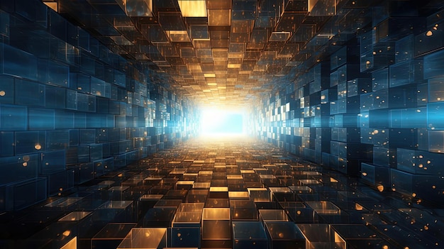 cyfrowy tunel podniebny ze złotego i niebieskiego światła w stylu pikselowego chaosu