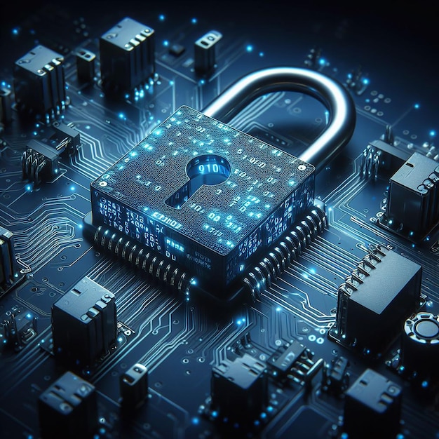 Cyfrowy zamek do systemu obliczeniowego na ciemno niebieskim tle technologia cyberbezpieczeństwa dla frau