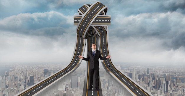 Cyfrowy złożony obraz zdezorientowanego biznesmena stojącego na poplątanej autostradzie
