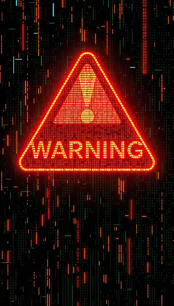 cyfrowy znak ostrzegawczy z czerwonym trójkątem symbol niebezpieczeństwa neonowa usterka futurystyczne zagrożenie hakowaniem cybernetycznym