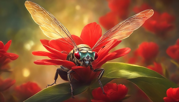 Cykada na kwiecie Duża cicada siedzi na czerwonym kwiecie