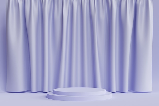 Cylinder podium lub cokół dla produktów lub reklamy na neutralnym niebieskim tle z zasłonami, minimalne renderowanie ilustracji 3d