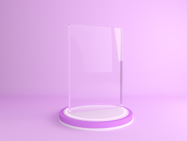 Cylindryczny wyświetlacz podium lub gablota z przezroczystą kryształową makietą produktu na fioletowym tle