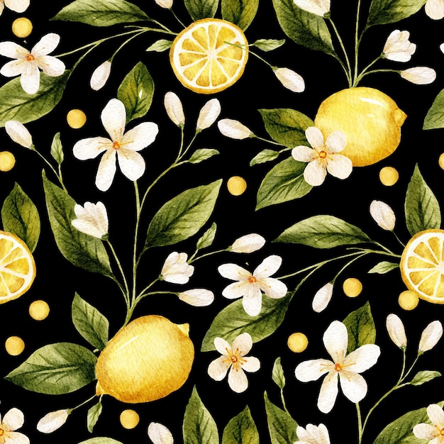 Cytrynowy żółty akwarela wzór z kwiatami i cytrynami w tle
