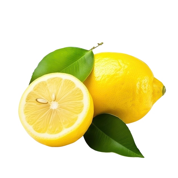 Cytryny i zielone liście izolowane na białym przezroczystym tle Zbliżenie żółtych dojrzałych owoców cytrusowych