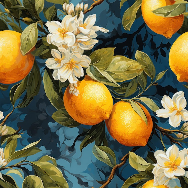 Cytryny w stylu śródziemnomorskim z kwitnieniem na niebieskim tle bezszwowy wzór