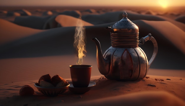 Czajnik i filiżanka herbaty stoją na pustynnym stole.