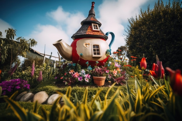 Czajnik w kształcie domu w generatywnym obrazie ai w ogrodzie