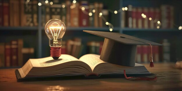 Zdjęcie czapka do ukończenia studiów, żarówka i otwarta książka
