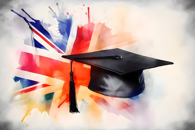 Czapka dyplomowa na tle akwareli brytyjskiej flagi Generative AI 2