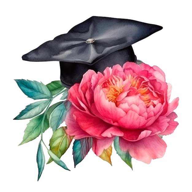 Czapka dyplomowa z kwiatami akwarela AI generatywna ilustracja Izolowane ukończenie klasy