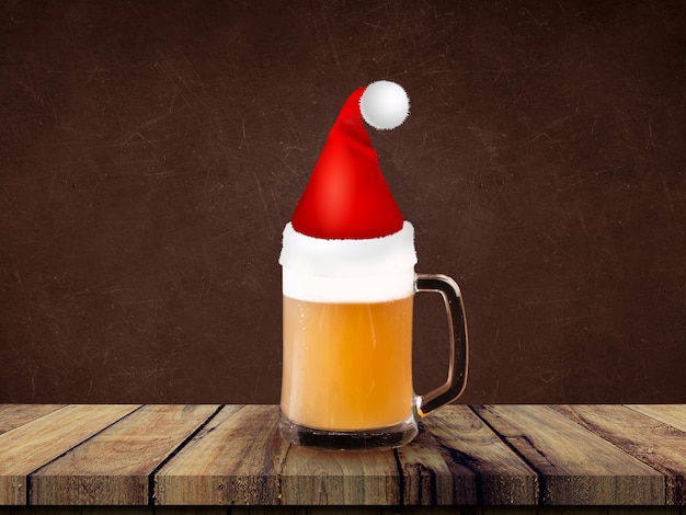Czapka świąteczna nad szklanką piwa Kapelusz Świętego Mikołaja Obraz Xmas