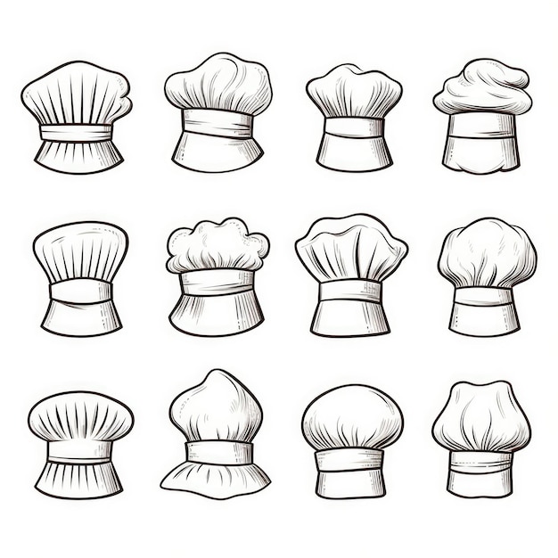 Zdjęcie czapki szefa kuchni zestaw czapek kuchennych kulinarnych ubrań na głowę dla kuchni ręcznie rysowane ilustracji