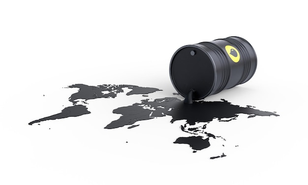 Czarna beczka, z której wycieka ropa Mapa świata rozlanej ropy Cena baryłki ropy Inflacja cen ropy