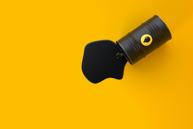 Czarna beczka z nalewaniem oleju na żółtym tle Ilustracja renderowania 3D