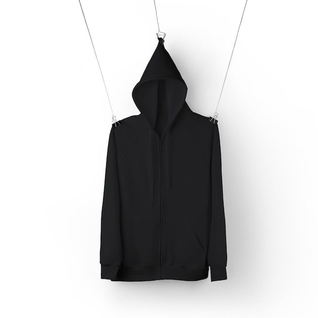 Zdjęcie czarna bluza z kapturem z kieszonkowym zamkiem wiszącym na plastikowym wieszaku widok z przodu na białym tle