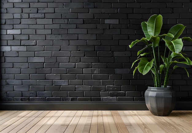 Czarna ceglana ściana i drewniana podłoga z rośliną 3D Rendering