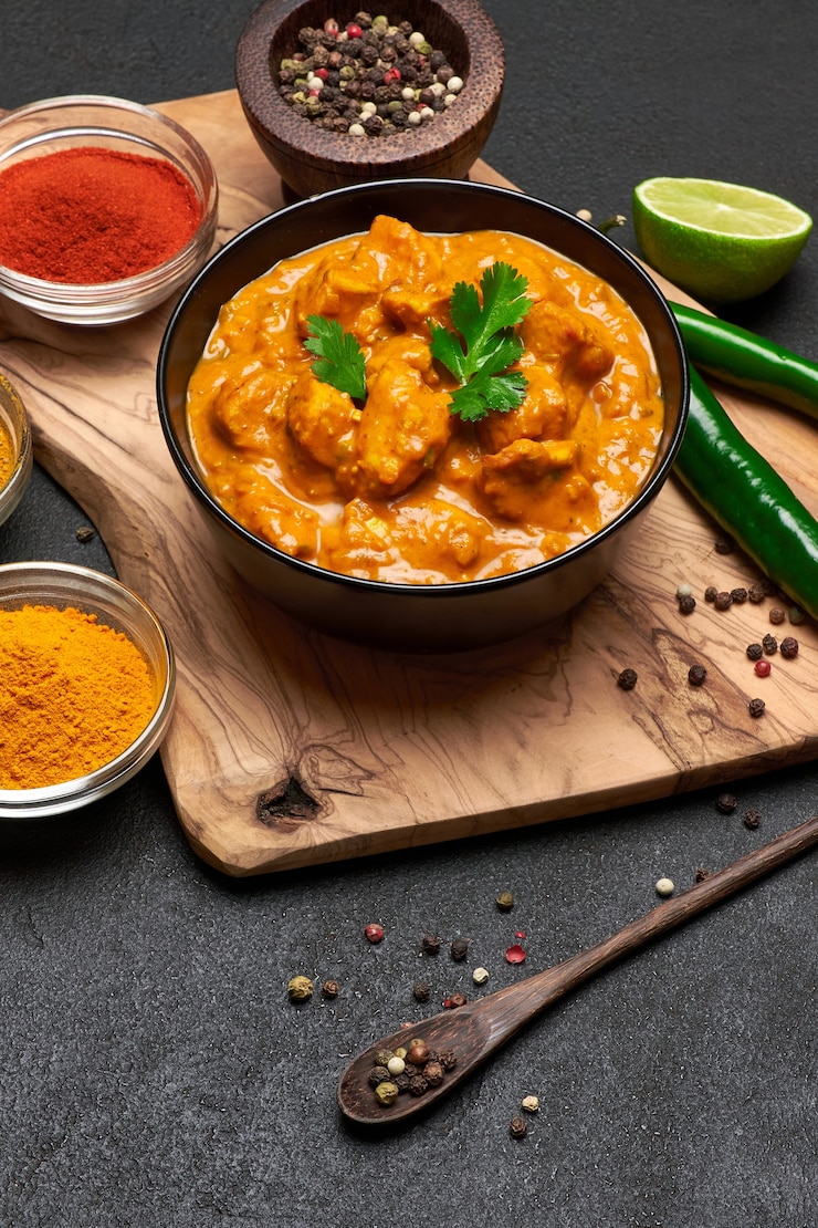 Zdjęcie czarna ceramiczna miska tradycyjnego curry z kurczaka i przypraw na ciemnym stole