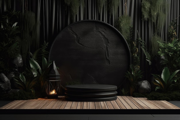 Czarna ceramiczna scena na podium otoczona tropikalnymi roślinami Generative AI