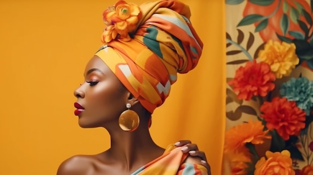 Czarna dama w afrykańskim turbanie z produktami kosmetycznymi inspirowanymi kwiatami i odzieżą Organiczne kosmetyki Generative AI