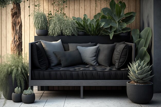 Czarna drewniana sofa na zewnątrz w nowoczesnym patio z doniczkami stworzonymi za pomocą generatywnej sztucznej inteligencji