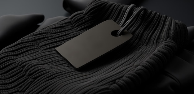 Czarna etykieta żyrandolowa leżąca na czarnym worku swetrów