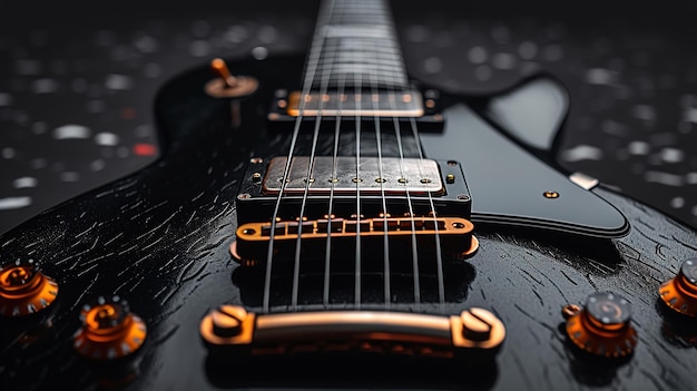 Czarna gitara elektryczna na czarnym tle