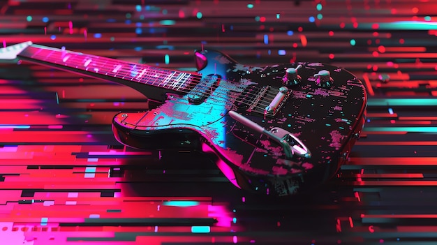 Zdjęcie czarna gitara elektryczna z czerwonym i niebieskim neonowym blaskiem gitara leży na odblaskowej powierzchni z świecącym wzorem siatki