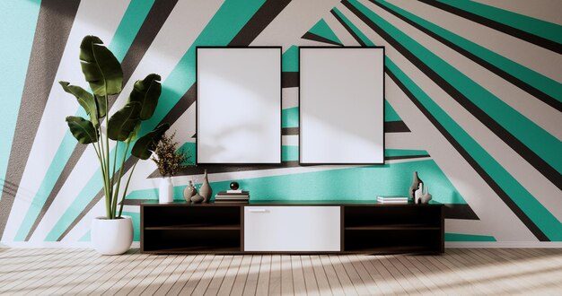 Zdjęcie czarna i miętowa ściana w salonie dwukolorowa kolorowa konstrukcjarenderowanie 3d