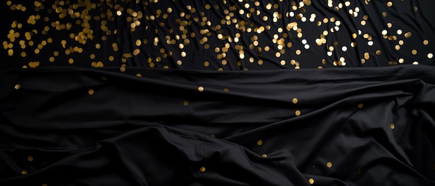 Czarna jedwabna pościel z złotymi konfetami Górny widok płaski satynowy tło luksusowe romantyczne