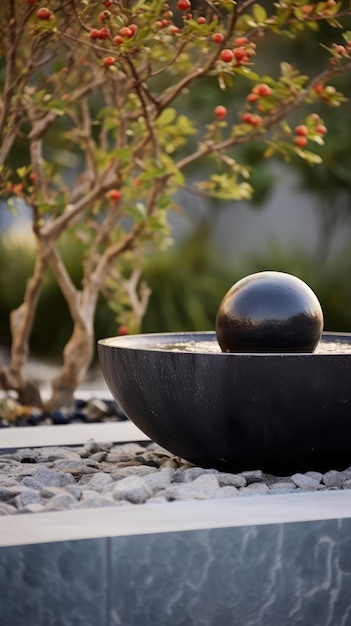 Czarna kamienna miska z kulą z czarnego marmuru na wierzchu stoi na białym żwirowym łóżku ogrodowym.