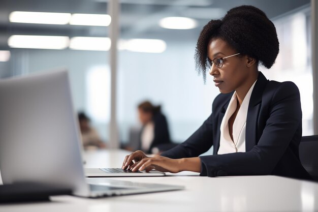 Czarna kobieta biznesu siedzi przy biurku w biurze i pisze na laptopie Generative AI