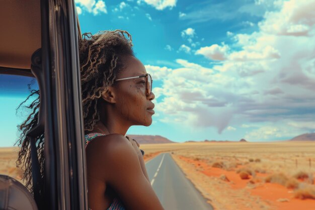 Czarna kobieta cieszy się widokiem na pustynię podczas podróży po Południowej Afryce